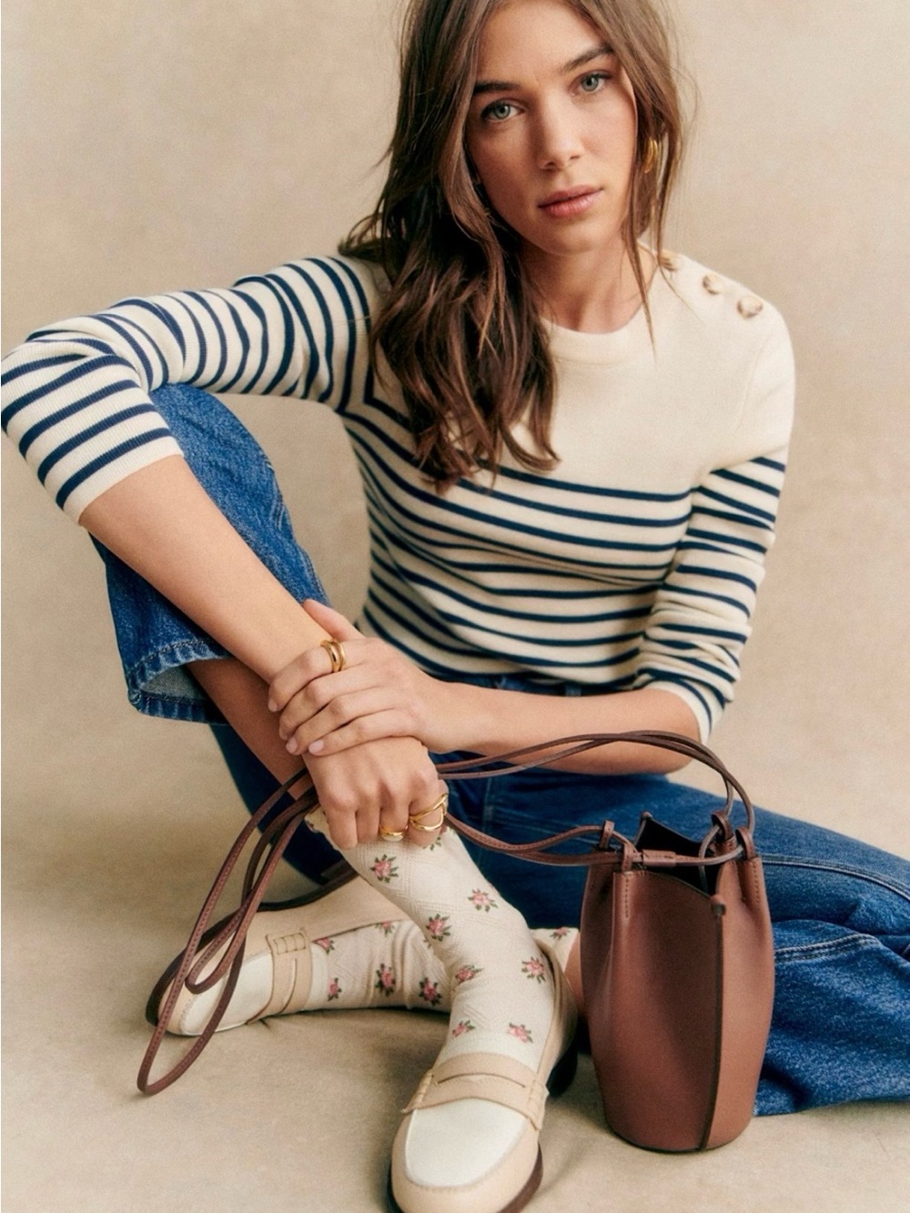 Sezane Matthis Jumper Natural / Navy - Size S